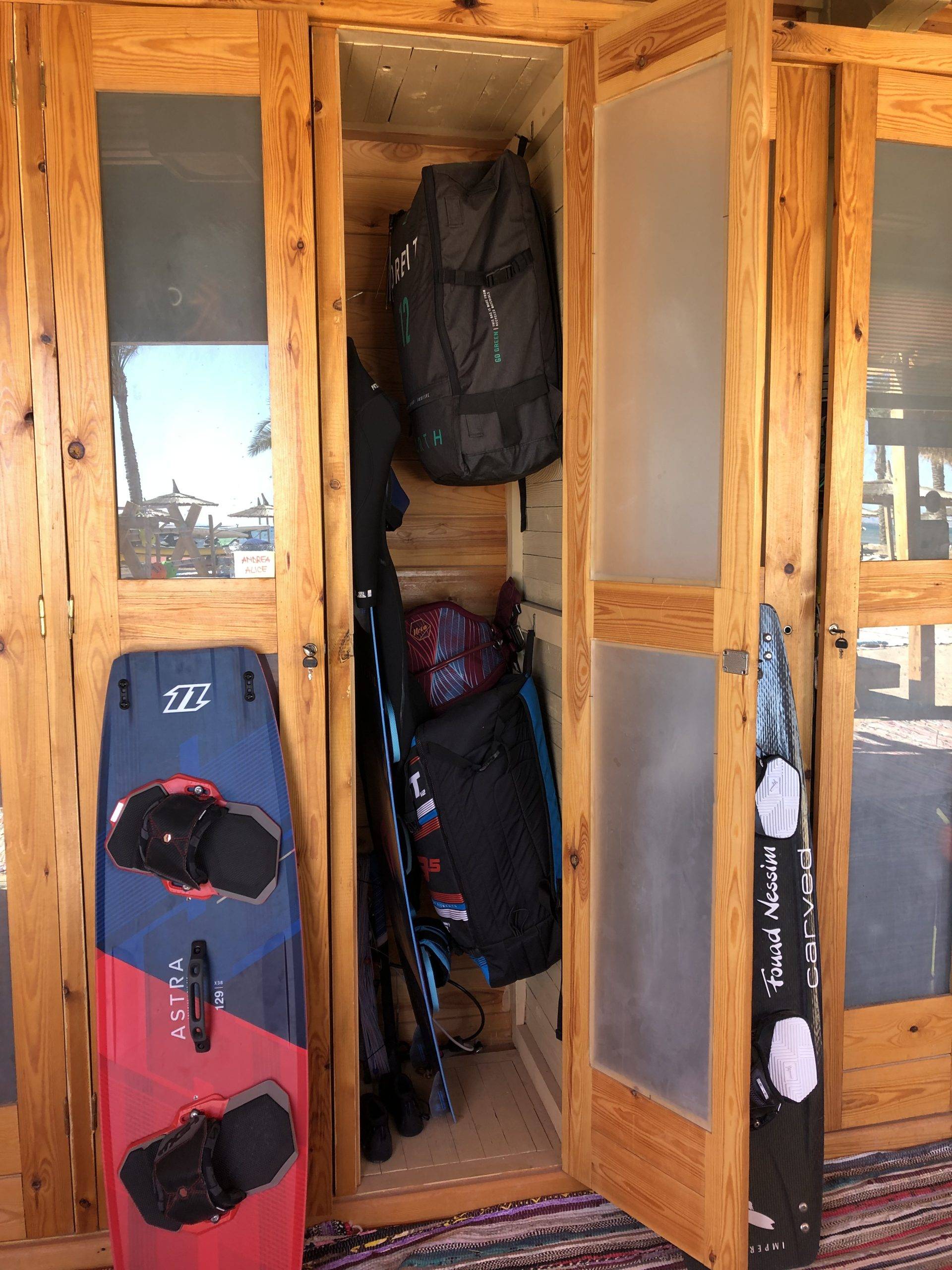 Kitesurfing equipment storage at The Kite Bubble